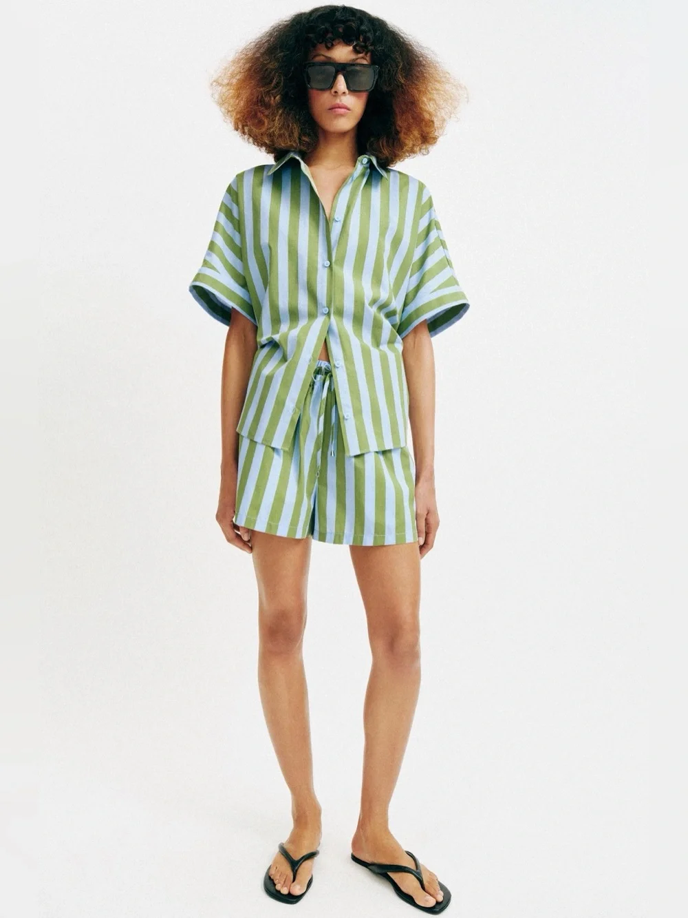 NWT Zara Green Blue Striped Poplin Drawstring Shorts Size S